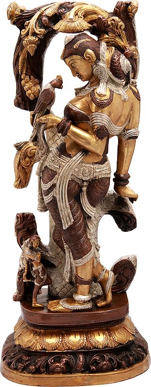 17" Celestial Nymph with Parrot Passing Message | Apsara Brass Statue | Elegant Handmade Indian Sculpture