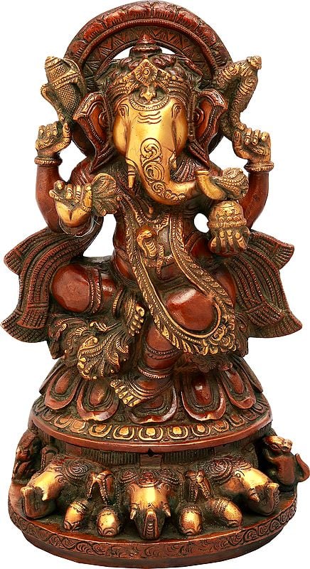 12" Brass Lord Ganesha Idol Seated on Three Elephant Heads | Handmade | Made in India