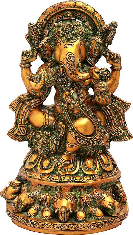 12" Brass Lord Ganesha Idol Seated on Three Elephant Heads | Handmade | Made in India