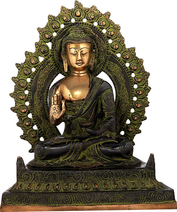 11" Blessing Buddha Seated on Fine Throne In Brass | Handmade | Made In India
