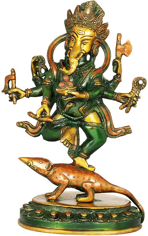 11" Six Armed Ganesha Dancing on His Vehicle In Brass | Handmade | Made In India