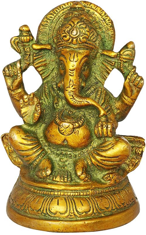 3" Four-Armed Ganesha Seated in Easy Posture on Lotus | Handmade Brass Statues | Made In India