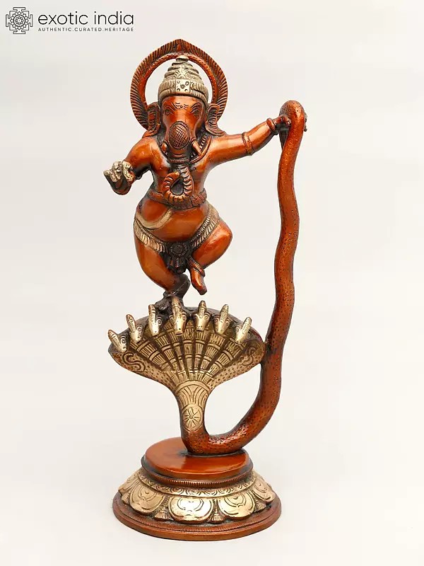 12" Lord Ganesha Dancing on Sheshnag In Brass | Handmade | Made In India