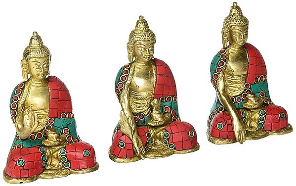 Set-Of-Three Buddha, In A Moment Of Meditation (Richly Hued Inlay)