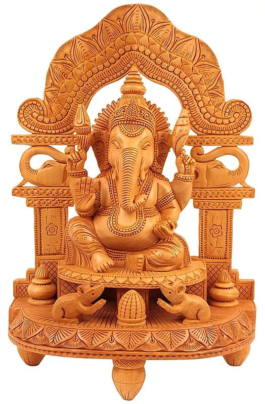 Enthroned Ganesha Flanked By Two Mice, Carved By Hand