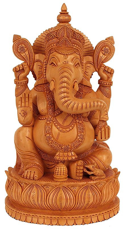 Seated Ganesha, Upon A Blooming Lotus (Hand-carved)