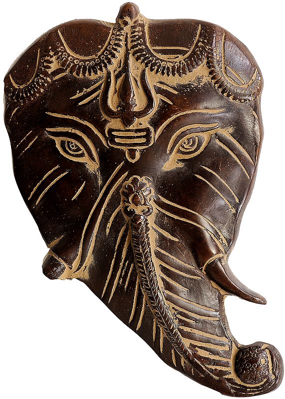 5" Ganesha Countenance Carved from Pipal Leaf Wall-hanging In Brass | Handmade | Made In India