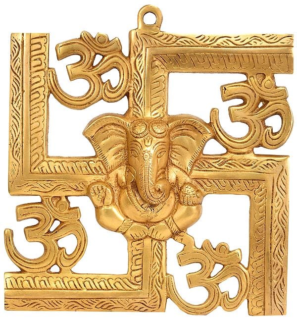 8" Om Wall Hanging, With Central Ganesh Motif In Brass | Handmade | Made In India