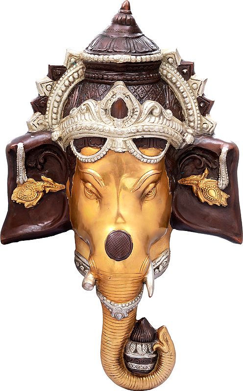 25" Brass Crowned Ganesha Face-Mask Wall-Hanging | Indian Crafted Idol