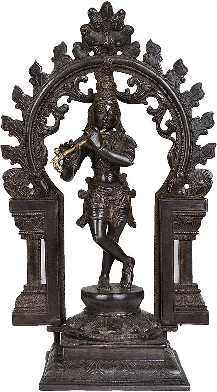 13" Murali Krishna Afore A Floral Aureole, With Kirtimukha Above In Brass | Handmade | Made In India