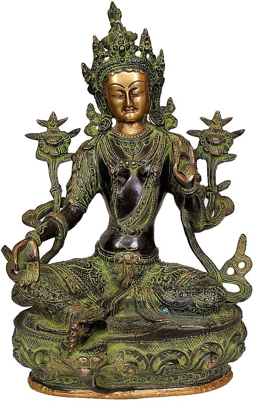 12" Green Tara Idol Seated Gracefully on A Lotus | Handmade Buddhist Deity Statues