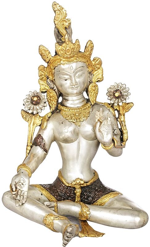 10" Steeped In Meditation, Green Tara's Soft, Silvery Beauty In Brass | Handmade | Made In India