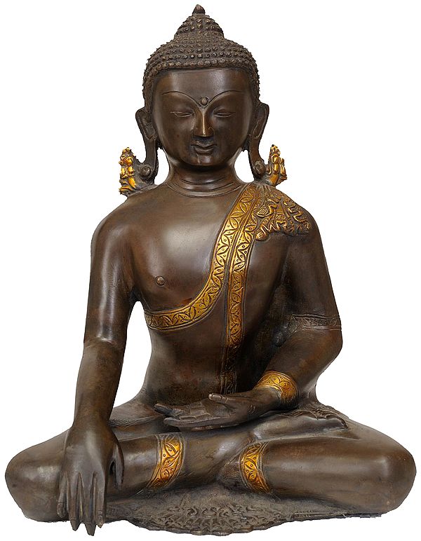 12" Dual-tone Buddha, His Hand In Bhumisparsha Mudra In Brass | Handmade | Made In India