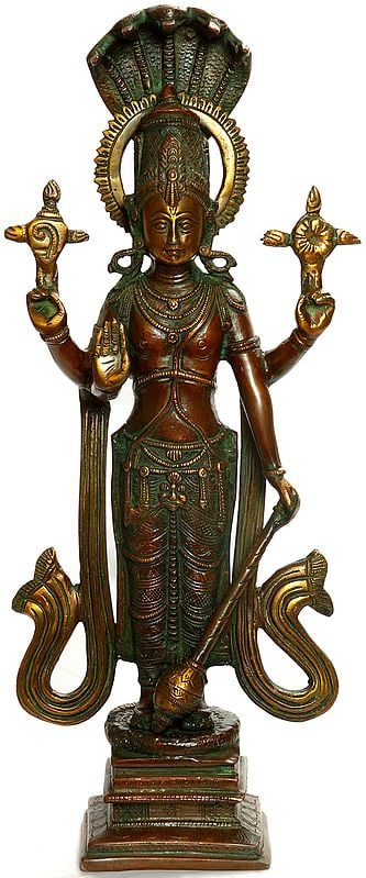 12" Standing Chaturbhuja Vishnu, Five-Hooded Shesha Towering Above His Halo In Brass | Handmade | Made In India