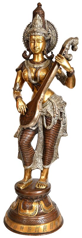 28" Handmade Brass Statue of Goddess Saraswati Playing Veena | Made In India