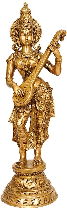 28" Handmade Brass Statue of Goddess Saraswati Playing Veena | Made In India