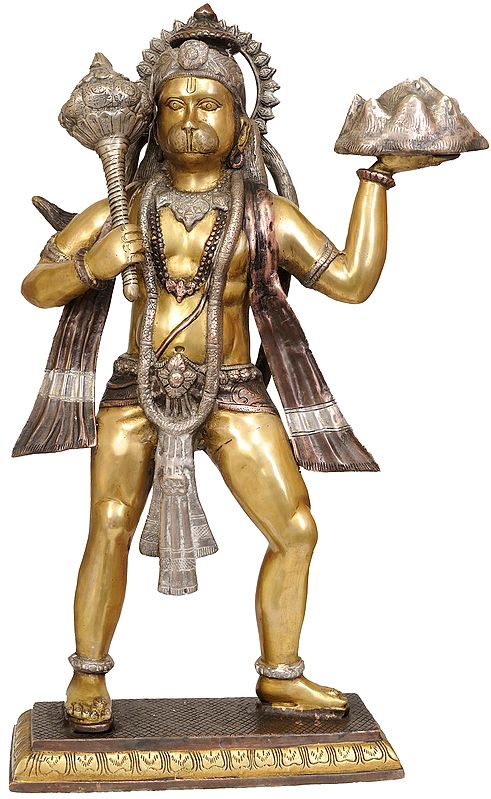 24" Mahabali Hanuman With The Goad In One Hand, Mount Dron In The Other In Brass | Handmade | Made In India