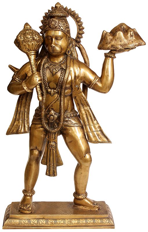 24" Mahabali Hanuman With The Goad In One Hand, Mount Dron In The Other In Brass | Handmade | Made In India