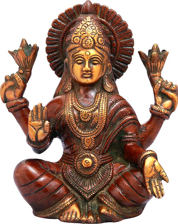 6" Seated Lakshmi, The Power Of Her Halo Spreading In All Directions In Brass | Handmade | Made In India
