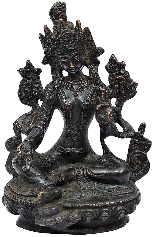 6" The Exquisitely Sculpted Green Tara, The Elaborate Crown Framing Her Gentle Face In Brass | Handmade | Made In India