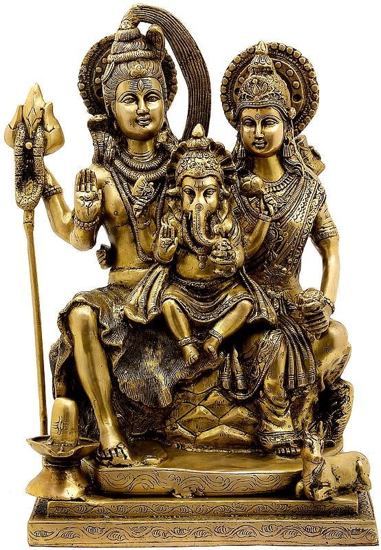 17" Shiva Seated With Parvati Next To Him, Ganesha On Their Lap In Brass | Handmade | Made In India