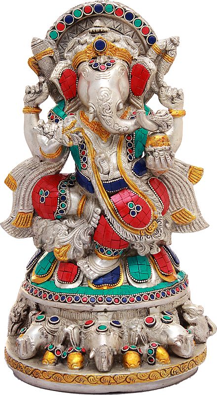 12" An Inlay Statue of Lord Ganesha In Brass | Handmade | Made In India