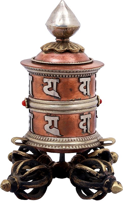 Small Prayer Wheel on Vishwa-Vajra Stand From Nepal - Tibetan Buddhist