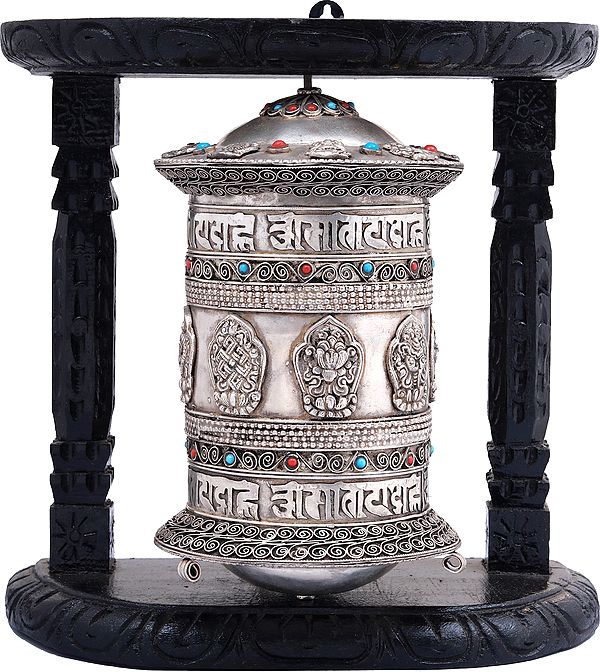 Enshrined Ashtamangala Prayer Wheel From Nepal (Tibetan Buddhist)