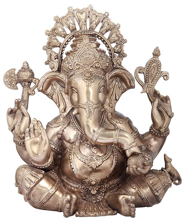 16" Chaturbhuja Seated Ganesha Granting Abhaya In Brass | Handmade | Made In India
