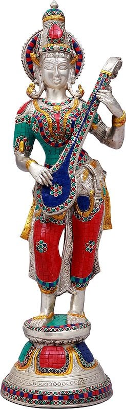 28" Standing Saraswati, Music Flowing From Her Veena In Brass | Handmade | Made In India