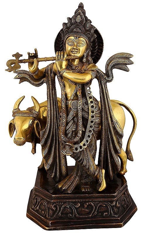 20" Luxuriantly Draped Krishna, Accompanied By His Companion The Cow In Brass | Handmade | Made In India