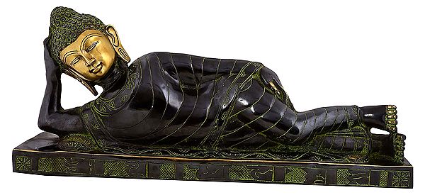 27" Resting Buddha, The Inky Blackness Of His Robe In Stark Contrast With His Glowing Countenance In Brass | Handmade | Made In India