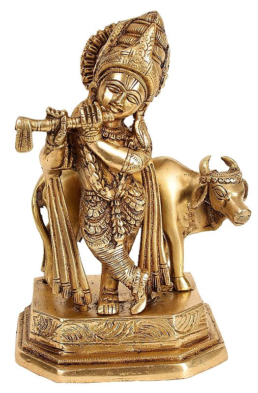 Lord Krishna with Cow Standing Brass Statue