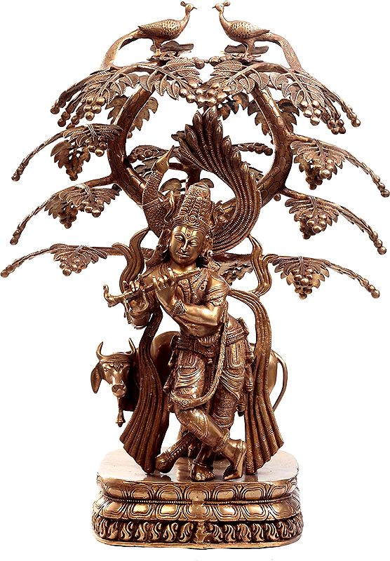 33" Krishna Under The Tree Statue with Cow In Brass | Handmade | Made In India