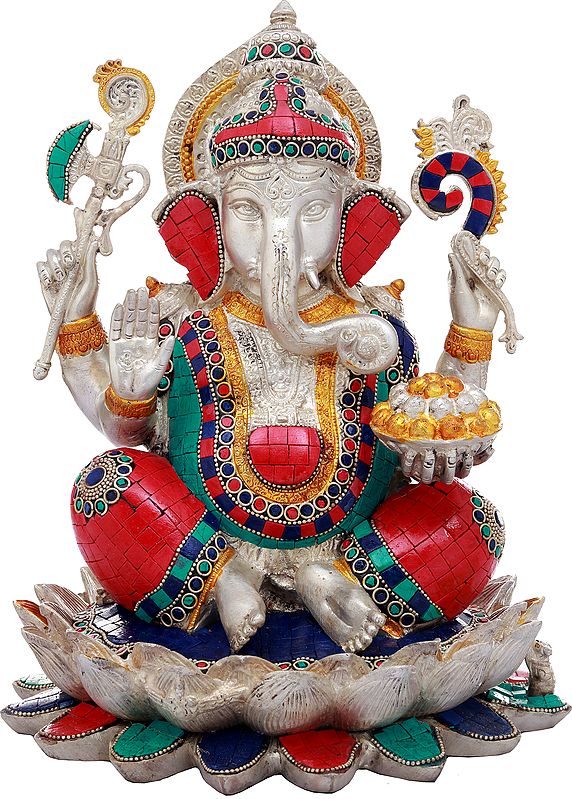 11" Lord Ganesha Seated on Lotus In Brass | Handmade | Made In India