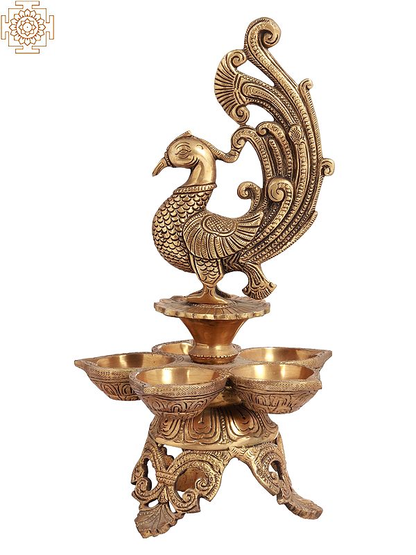 11" Five Wicks Peacock Lamp in Brass | Handmade | Made in India