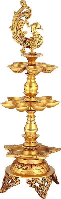 24" Three Layer Wicks Auspicious Puja Lamp in Brass | Handmade | Made in India