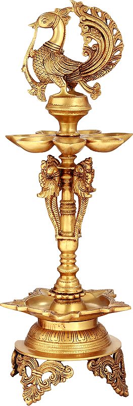 22" Mayur Puja Lamp In Brass | Handmade | Made In India