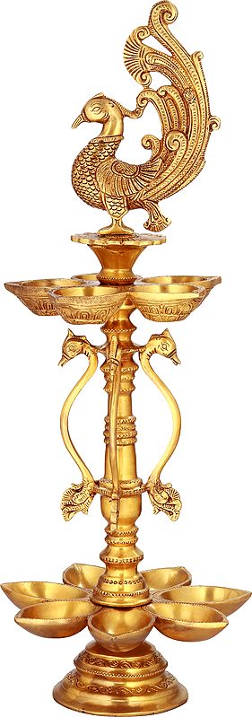 20" Peacock Twelve Wicks Puja Lamp In Brass | Handmade | Made In India