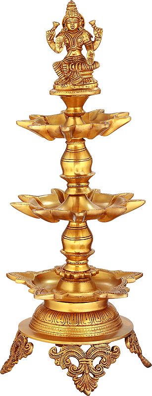 20" Goddess Lakshmi Twenty-Three Wicks Puja Lamp in Brass | Handmade | Made in India