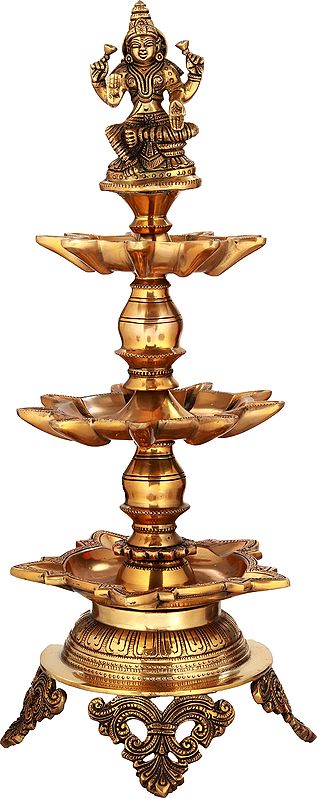 20" Goddess Lakshmi Twenty-Three Wicks Puja Lamp in Brass | Handmade | Made in India