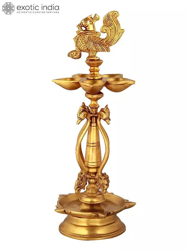 14" Puja Lamp with Peacock atop in Brass | Handmade | Made in India