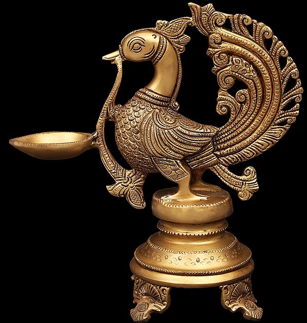 8" Peacock Wick Puja Lamp in Brass | Handmade | Made in India