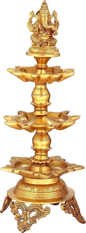 22" Lord Ganesha On Miniscule Lotus Pedestal Lamp In Brass | Handmade | Made In India