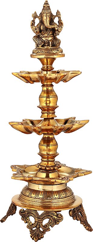 22" Lord Ganesha Brass Lamp on Miniature Lotus Pedestal – Handmade, Indian Craftsmanship