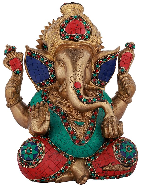 12" An Inlay Seated Ganesha In Brass | Handmade | Made In India