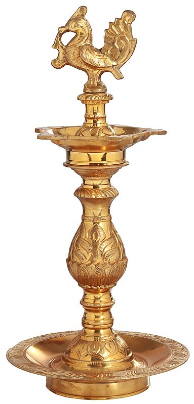 12" Five Wicks Puja Lamp in Brass | Handmade | Made in India