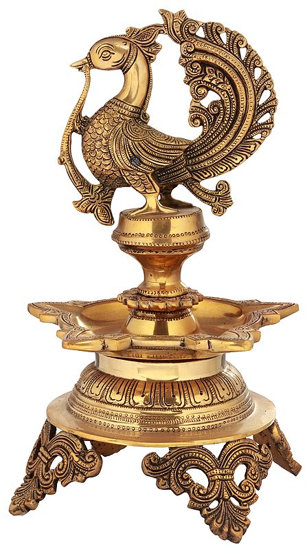 13" Puja Lamp with a Large Peacock Atop In Brass | Handmade | Made In India