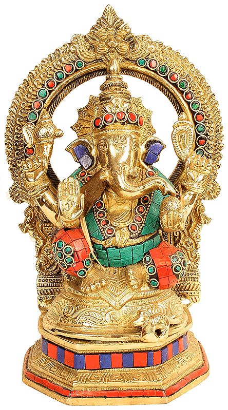 Four-armed Sitted Lord Ganesha With  Floral Aureole