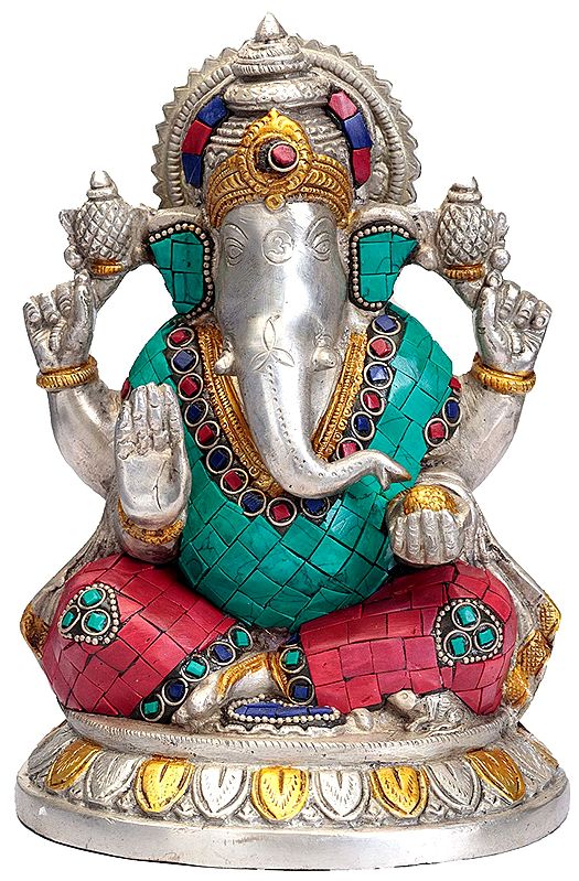 Four-armed Sitted Lord Ganesha Statue With Inlay work